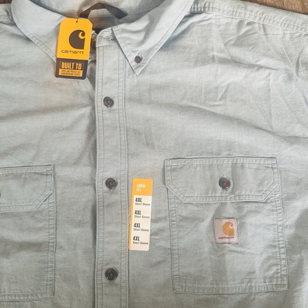 NWT Carhartt Shirt Mens 4XL Blue Button Down Loose Fit Short Sleeve Chambray - Picture 2 of 6